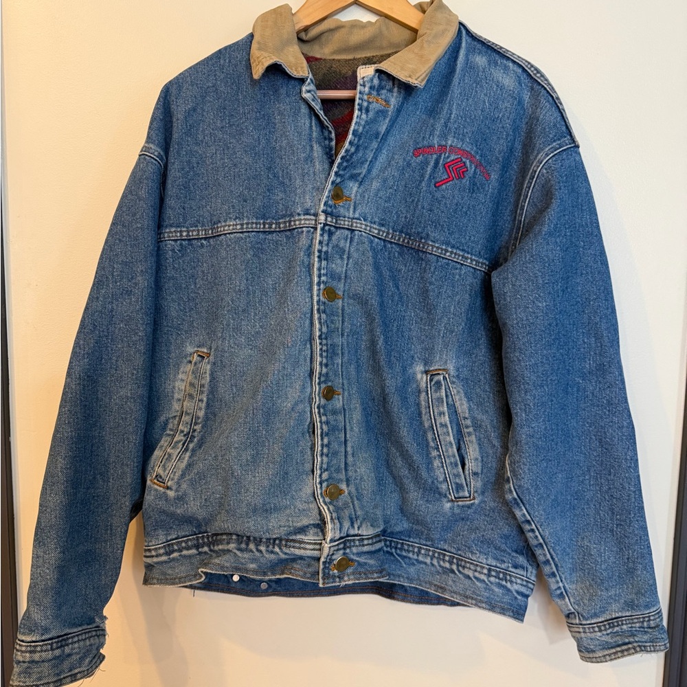 Vintage Blue Denim Jacket w/Aztec Lining, Brown Corduroy Details USA Made large